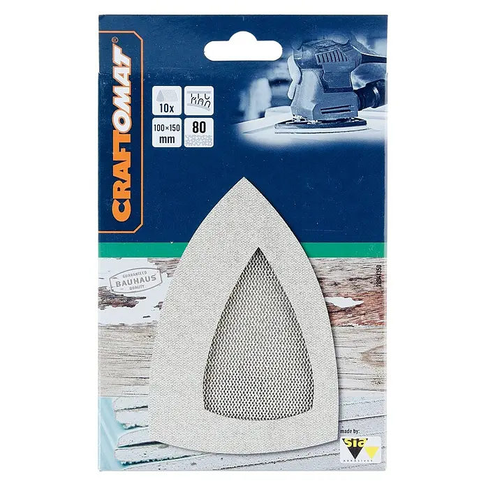 Craftomat Schleifnetz - 100 x 150 mm, Körnung: 80, 10 Stk. - Abbildung einer Packung CRAFTOMAT Schleifpapier für Dreieckschleifer, 10 Stück, Körnung 80, Größe 100x150 mm, hergestellt von sia Abrasives.