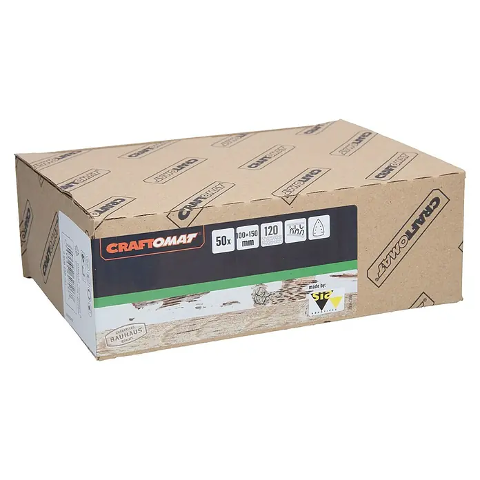 Craftomat Schleifblätter - Körnung: 120, Länge: 150 mm, 1 Stk. - Karton mit Schleifpapier der Marke Craftomat, Körnung 120, 50 Stück, Größe 100x150 mm, hergestellt von sia Abrasives, Bauhaus Qualität.