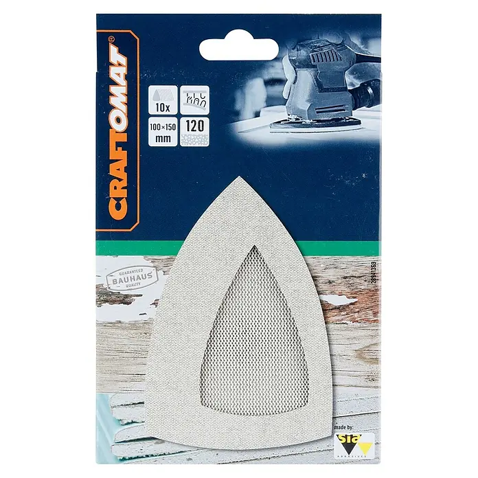Craftomat Schleifnetz100 x 150 mm, Körnung: 120, 10 Stk. - Abbildung einer Packung CRAFTOMAT Schleifscheiben mit dreieckiger Form, Körnung 120, geeignet für Schleifmaschinen. Perfekt für Holzbearbeitung!