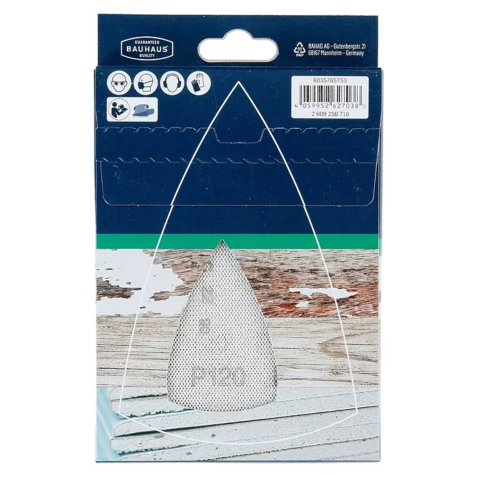Craftomat Schleifnetz - 100 x 150 mm, Körnung: 120, 10 Stk. - Nahaufnahme der Verpackung von Bauhaus Schleifpapier, das dreieckige Schleifblätter für Detailarbeiten zeigt.