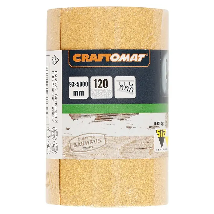 Craftomat Papel de lija C 1060 - An x L: 93 x 5.000 mm, Grano: 120 mm - Primer plano de un rollo de papel de lija Craftomat con dimensiones de 93x5000 mm y un tamaño de grano de 120.