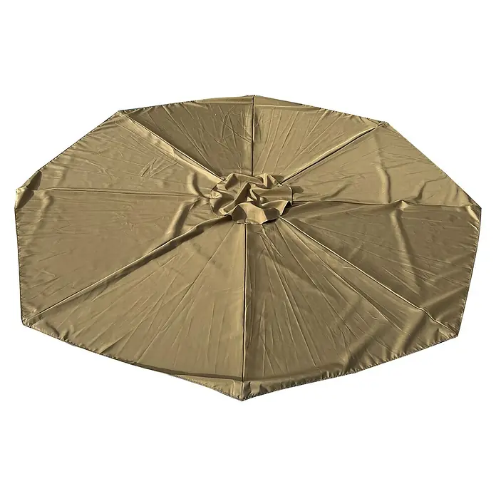 Techo de repuesto Lian - Taupe, Específico para: Parasol de jardín Lian Ø 300 cm, 300 cm - Primer plano de una sombrilla de patio de color beige, fotografiada desde arriba en estado cerrado, con un centro de tela fruncida.