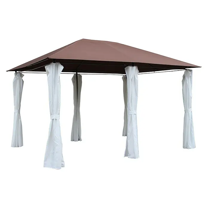 Sunfun Techo de repuesto Barbados II - Específico para: Carpa con laterales Barbados II - Imagen de un gazebo marrón con cortinas blancas. Ideal para jardines o patios, el gazebo ofrece sombra y privacidad.