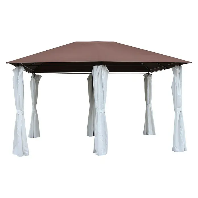 Sunfun Techo de repuesto Barbados II - Específico para: Carpa con laterales Barbados II - Imagen de una glorieta marrón con cortinas blancas. La glorieta está aislada sobre un fondo negro.