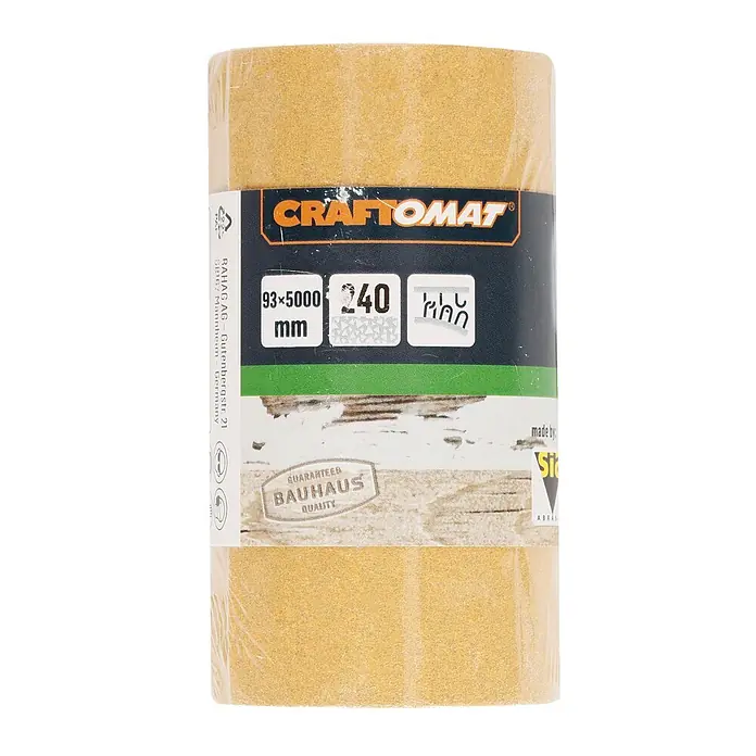 Craftomat Papel de lija C 1060 - An x L: 93 x 5.000 mm, Grano: 240 mm - La imagen muestra un rollo de papel de lija Craftomat de 93 x 5000 mm y un grano de 240, fabricado por Sia Abrasives.
