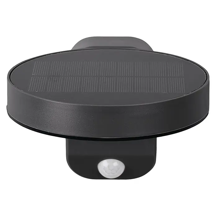 Reality Leuchten Solar-Außenwandleuchte POSADAS - 5 W, L x B x H: 18,3 x 15 x 12 cm, IP44, 290 lm - Nahaufnahme einer schwarzen Solarleuchte mit Bewegungssensor, ideal für den Außenbereich und energiesparende Beleuchtung.