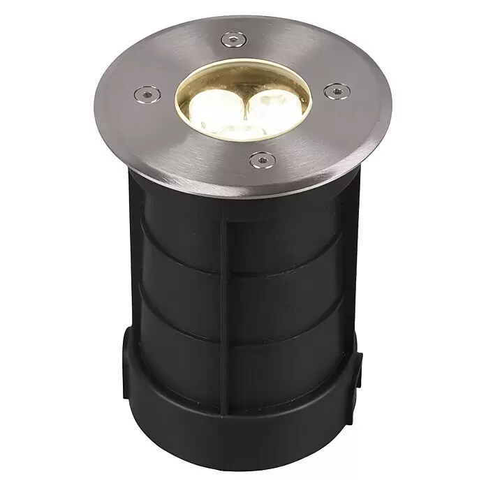 Trio Leuchten Bodeneinbauleuchte - 3,5 W, Höhe: 14,5 cm, Warmweiß, Rund - Runde Einbau-LED-Bodenleuchte mit gebürsteter Edelstahl-Deckplatte, schwarzem Gehäuse und drei warmweißen LEDs.
