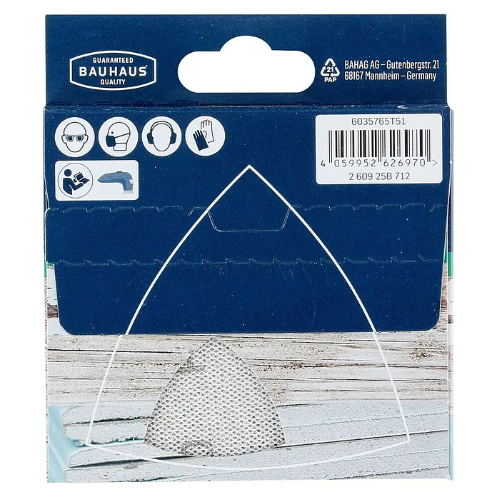 Craftomat Schleifgitter-Set - Körnung: 80, 93 x 93 mm, 5 Stk. - Eine Nahaufnahme der Verpackung für BAUHAUS Schleifpapier, die Qualitätsgarantie und Sicherheitsvorkehrungen hervorhebt.