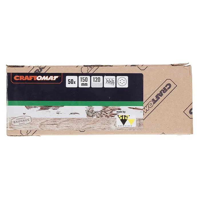 Craftomat Disco de lija autoadherente C 1061 - Diámetro: 150 mm, Grano: 120 mm, Con perforación, 1 ud. - Set de discos abrasivos CRAFTOMAT: 50 unidades, 150 mm, grano 120, adecuado para lijado con aspiración, fabricado por SIA Abrasives con calidad Bauhaus.