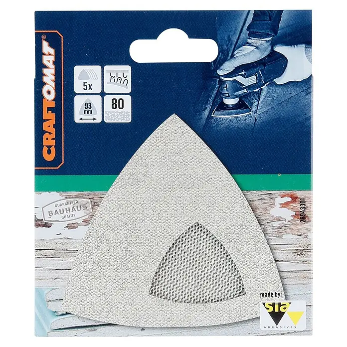 Craftomat Schleifgitter-Set - Körnung: 80, 93 x 93 mm, 5 Stk. - Verpackung von Craftomat Schleifpapier für Multischleifer, dreieckig, mit feiner Körnung für Holzbearbeitung und Detailarbeiten.