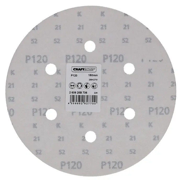 Craftomat Disco de lija autoadherente C 1061 - Diámetro: 150 mm, Grano: 120 mm, Con perforación, 1 ud. - Un disco de papel de lija Craftomat de grano P120, 150 mm de diámetro, para trabajos de lijado con herramientas adecuadas.