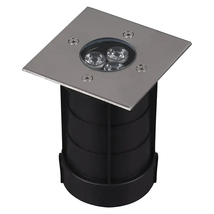 Trio Leuchten Bodeneinbauleuchte - 3,5 W, Höhe: 14,5 cm, Warmweiß, Eckig - Produktbild einer quadratischen Bodeneinbauleuchte mit drei LED-Lichtern und einem schwarzen Gehäuse.