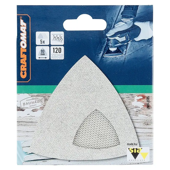 Craftomat Schleifgitter-Set - Körnung: 120, 93 x 93 mm, 5 Stk. - Bild einer Craftomat Schleifpapier-Packung. Das Produkt enthält 5 Schleifblätter in Dreiecksform mit einer Körnung von 120.