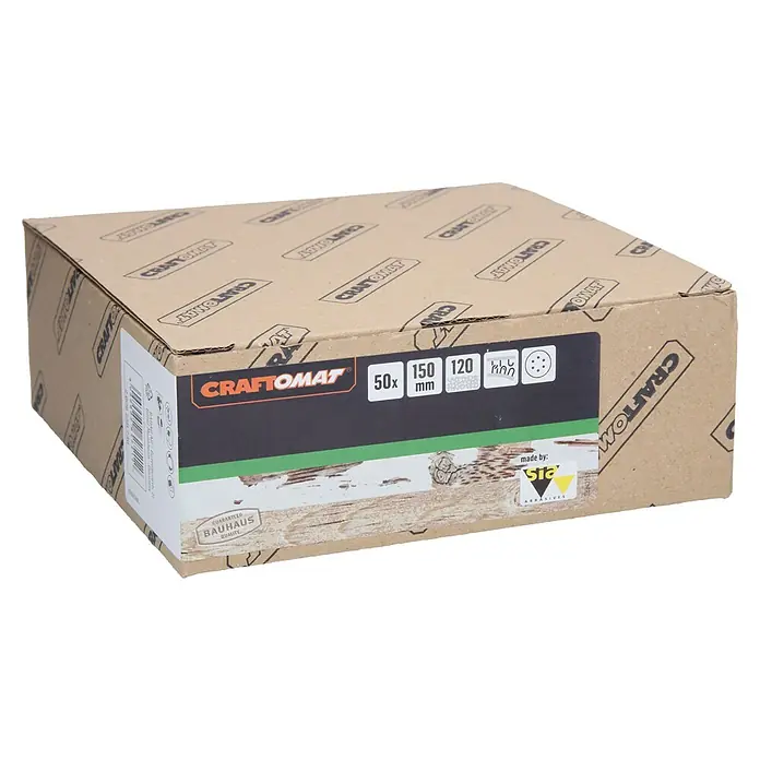 Craftomat Disco de lija autoadherente C 1061 - Diámetro: 150 mm, Grano: 120 mm, Con perforación, 1 ud. - Un paquete de papel de lija CRAFTOMAT de 50x150 mm y grano 120, fabricado por SIA Abrasives.