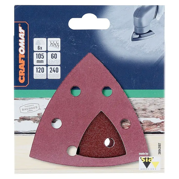 Craftomat Delta-Haftschleifscheiben Set - Körnung: 60 - 240, 6 -tlg. - Ein Craftomat Schleifpapier-Set mit dreieckigen Blättern in verschiedenen Körnungen, ideal für feine Schleifarbeiten.