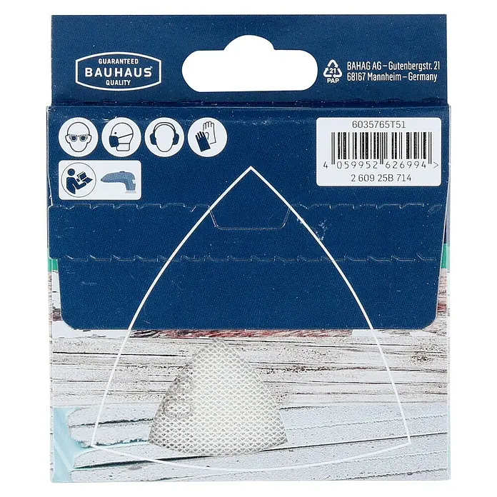 Craftomat Schleifgitter-Set - Körnung: 180, 93 x 93 mm, 5 Stk. - Produktverpackung von Bauhaus mit Sicherheitsinformationen und Barcode für einen sicheren und informierten Gebrauch des Produkts.