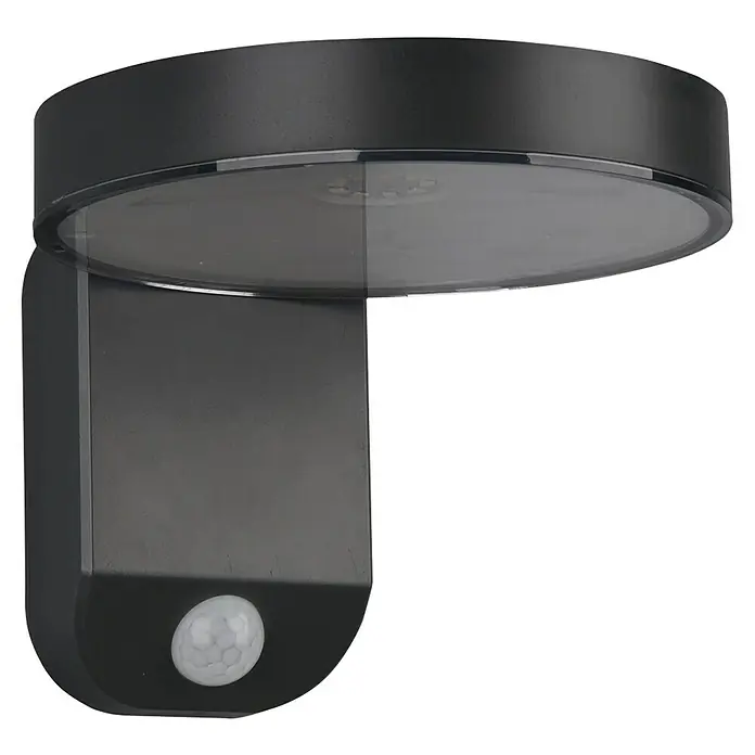 Reality Leuchten Solar-Außenwandleuchte POSADAS - 5 W, L x B x H: 18,3 x 15 x 12 cm, IP44, 290 lm - Nahaufnahme einer schwarzen Wandleuchte mit Bewegungssensor, ideal für den Außenbereich und zur Erhöhung der Sicherheit.