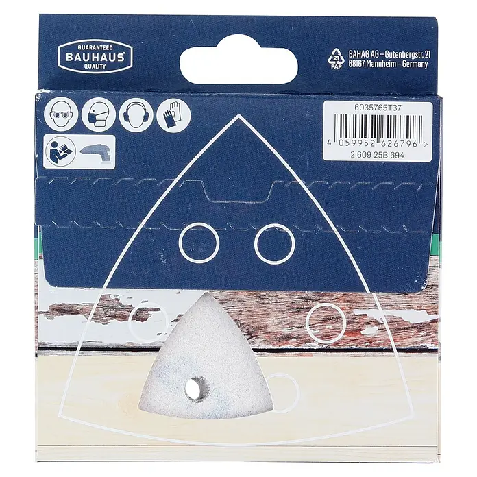Craftomat Delta-Haftschleifscheiben Set - Körnung: 60 - 240, 6 -tlg. - Nahaufnahme einer Bauhaus Schleifscheibe in Dreiecksform, verpackt in einer blauen Box mit den Aufschriften "Guaranteed Bauhaus Quality".