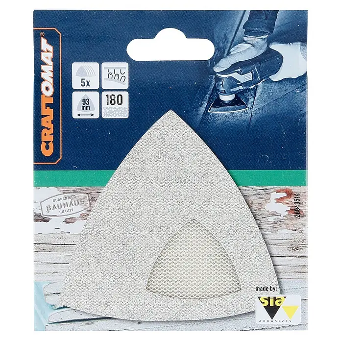 Craftomat Schleifgitter-Set - Körnung: 180, 93 x 93 mm, 5 Stk. - Packung Craftomat Schleifpapier für Multitools. 5 Stück, dreieckige Form, Körnung 180, hergestellt von Sia Abrasives für beste Schleifergebnisse.