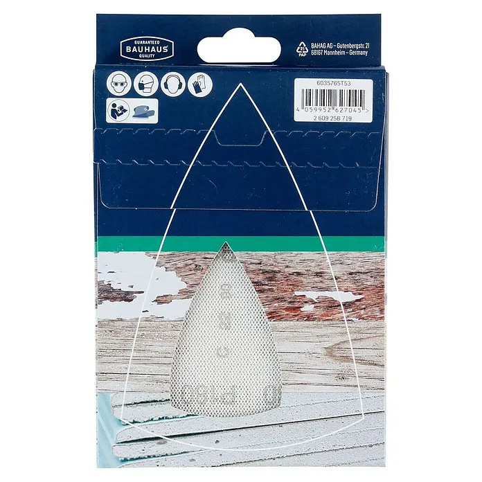 Craftomat Schleifnetz - 100 x 150 mm, Körnung: 180, 10 Stk. - Nahaufnahme der Verpackung von Bauhaus Schleifpapier mit Hinweisen zur Qualität und Sicherheit.