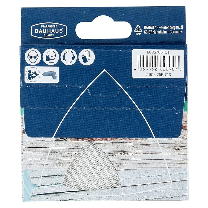 Craftomat Schleifgitter-Set - Körnung: 120, 93 x 93 mm, 5 Stk. - Verpackung von Bauhaus Schleifpapier mit Qualitätsgarantie, Schutzhinweisen und Barcode für zuverlässige Schleifergebnisse.