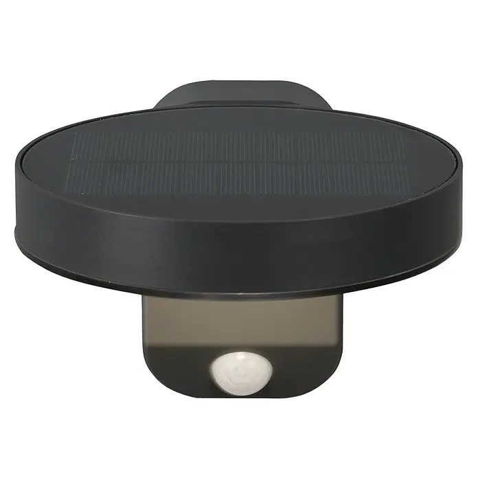 Reality Leuchten Solar-Außenwandleuchte POSADAS - 5 W, L x B x H: 18,3 x 15 x 12 cm, IP44, 290 lm - Bild einer schwarzen Solarleuchte mit Bewegungssensor. Diese Leuchte ist eine energieeffiziente und praktische Lösung für Außenbereiche.