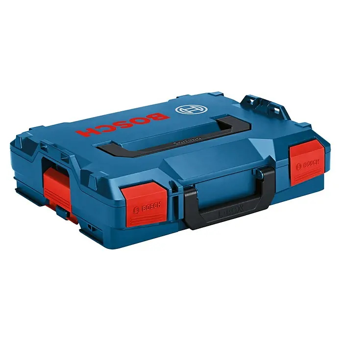Bosch Professional Systemkoffer L-Boxx 102 - L x B x H: 444 x 360 x 117 mm, ABS - Blauer Bosch L-Boxx Koffer mit rotem Verschluss und schwarzem Tragegriff, ideal für Werkzeugaufbewahrung und Transport auf der Baustelle.