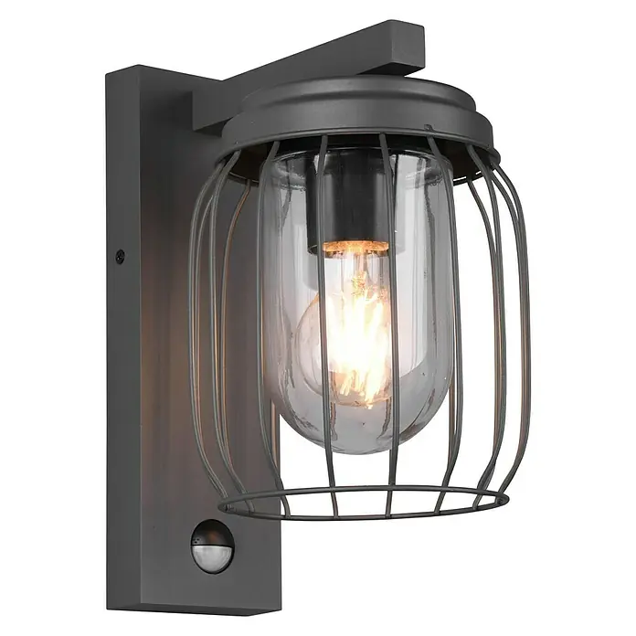 Trio Leuchten Sensor-Außenleuchte TUELA - 40 W, L x B x H: 23,5 x 16,5 x 28 cm, Grau, IP44 - Wandleuchte im Industriedesign mit Glaskolben und Käfig, die ein warmes Licht ausstrahlt und eine robuste Optik bietet.