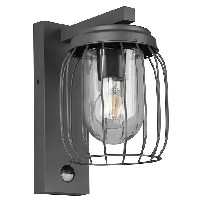 Trio Leuchten Sensor-Außenleuchte TUELA - 40 W, L x B x H: 23,5 x 16,5 x 28 cm, Grau, IP44 - Eine graue Außenwandleuchte mit einem transparenten Lampenschirm und einem schützenden Metallkäfig. Sie bietet stilvolle Beleuchtung für jeden Außenbereich.