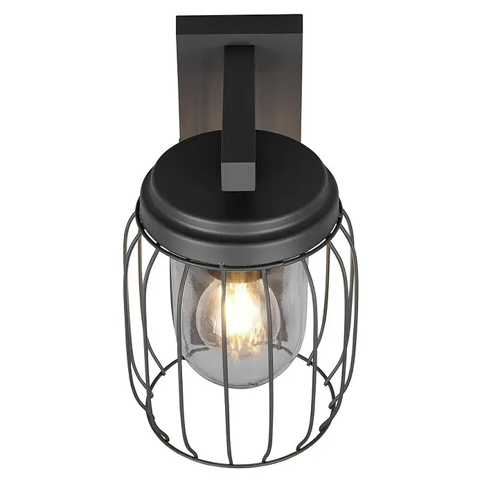 Trio Leuchten Sensor-Außenleuchte TUELA - 40 W, L x B x H: 23,5 x 16,5 x 28 cm, Grau, IP44 - Nahaufnahme einer schwarzen Wandleuchte im Vintage-Stil mit einer Glühbirne im Inneren. Sie ist ein echter Hingucker.