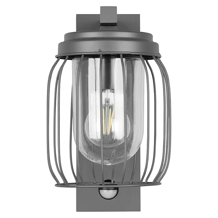 Trio Leuchten Sensor-Außenleuchte TUELA - 40 W, L x B x H: 23,5 x 16,5 x 28 cm, Grau, IP44 - Graue industrielle Wandleuchte mit Käfig und Glühbirne. Stilvolle Beleuchtung für den Außenbereich oder den Innenbereich im Vintage-Look.