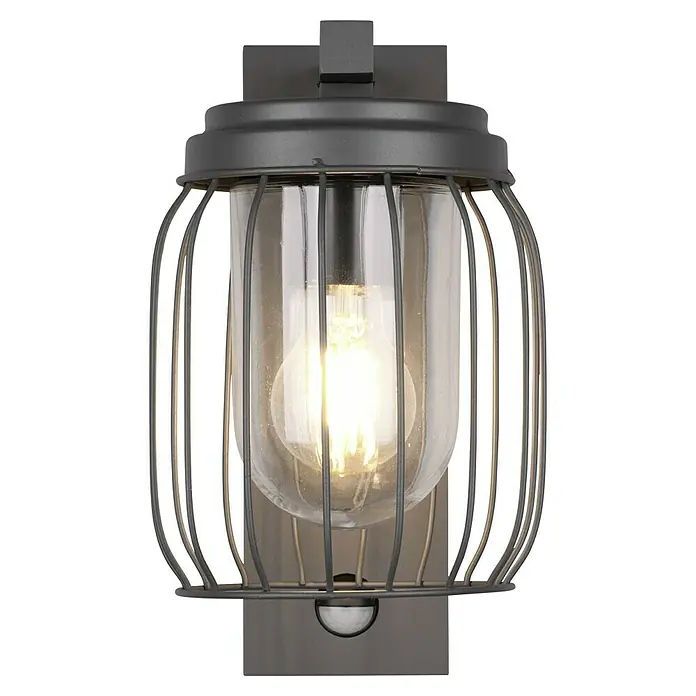 Trio Leuchten Sensor-Außenleuchte TUELA - 40 W, L x B x H: 23,5 x 16,5 x 28 cm, Grau, IP44 - Nahaufnahme einer modernen Außenwandleuchte mit einem Käfigdesign und einer klaren Glasabdeckung, die eine warm leuchtende Glühbirne zeigt.