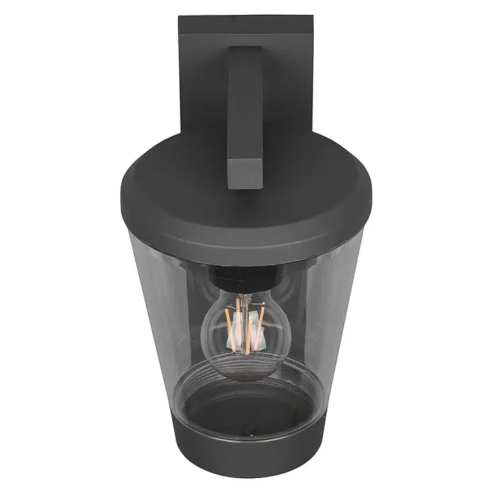 Trio Leuchten Sensor-Außenleuchte CAVADO - 40 W, L x B x H: 23 x 16 x 28 cm, Grau, IP44 - Nahaufnahme einer modernen schwarzen Außenwandleuchte mit klarem Glas und einer dekorativen Glühbirne.