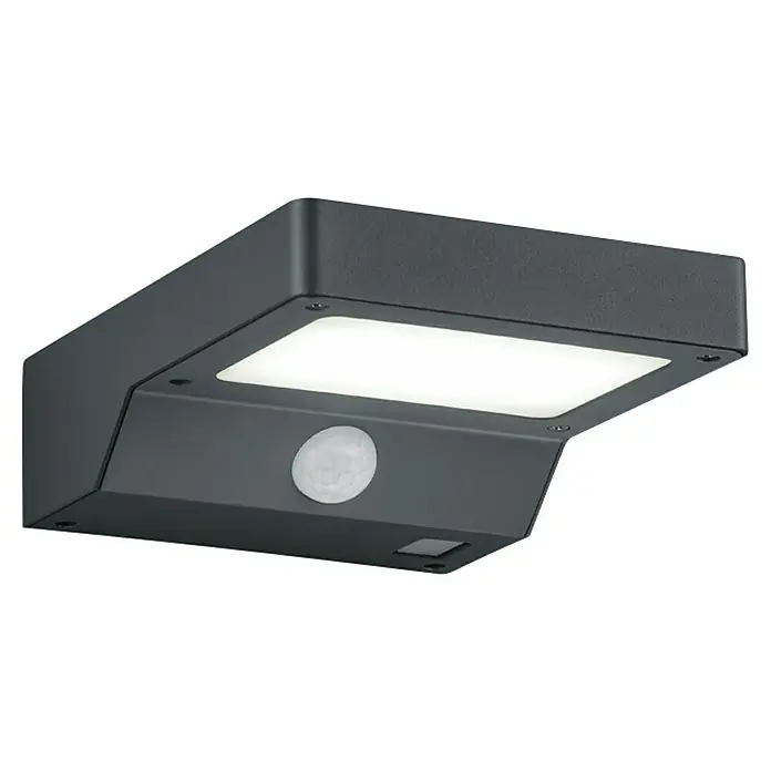 Reality Leuchten Solar-Außenwandleuchte Fomosa - 5 W, L x B x H: 16,5 x 12,5 x 4,5 cm, IP44, 340 lm - Nahaufnahme einer modernen, grauen Außenleuchte mit Bewegungssensor und rechteckigem, hellem Lichtpaneel.