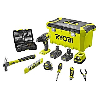 Ryobi ONE+ Taladro atornillador de batería + caja herramientas y accesorios R18PD3-220TAH (18 V, 2 baterías, 2 Ah, 50 Nm)
