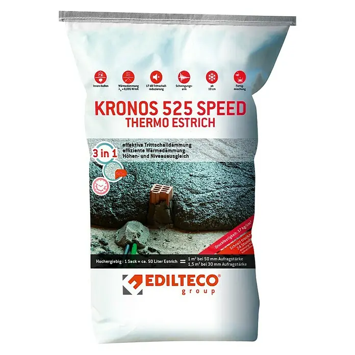 Thermo-Estrich Kronos Speed 525 - 50 l, Körnung: 2 mm - Abbildung einer Sack KRONOS 525 SPEED Thermo Estrich, ein Fertigmischung für den Innen- und Außenbereich mit Wärmedämmung und Trittschallreduzierung.
