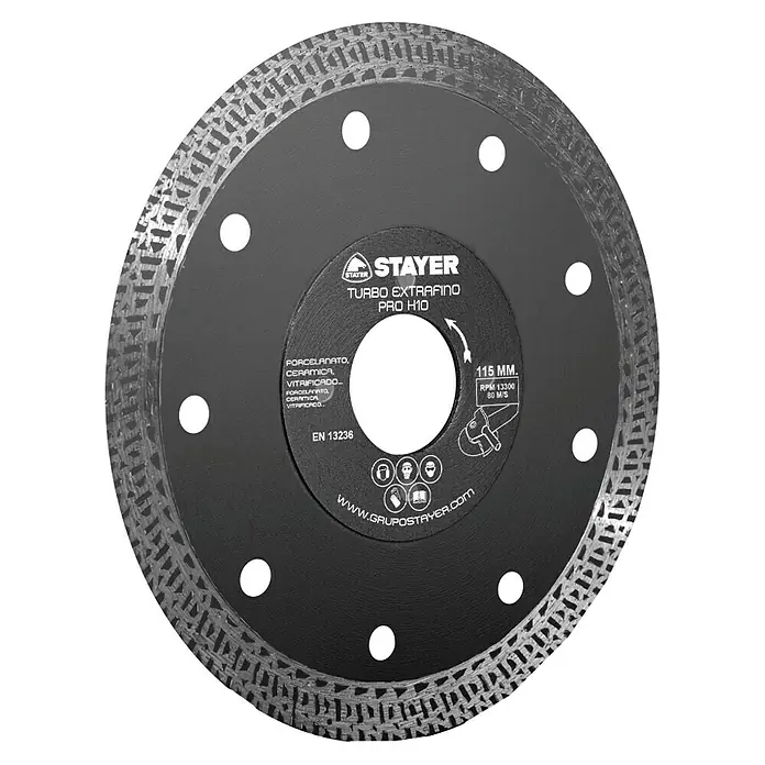 Stayer Amoladora angular eléctrica SAB720 - 720 W, Diámetro disco: 115 mm, Número de revoluciones de marcha en vacío: 11.000 r.p.m. - Disco de corte STAYER Turbo Extrafino Pro H10 para porcelana, cerámica y vidrio. Ideal para cortes precisos y limpios en materiales duros.