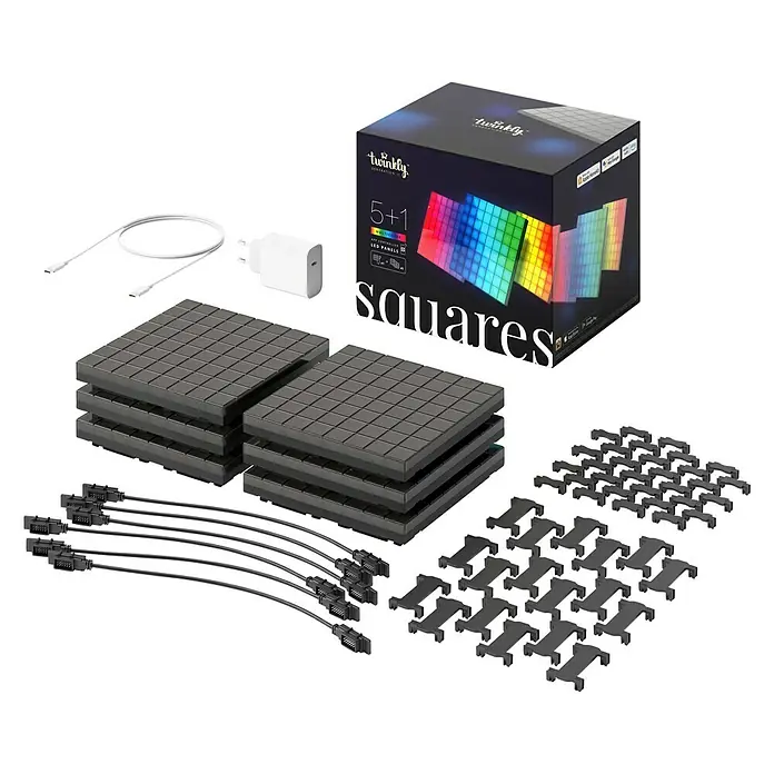 Twinkly LED-Panel-Set Squares RGB StartersetRGB - Produktaufnahme des Twinkly Squares LED-Panel-Sets, bestehend aus mehreren Panels, Kabeln, Steckern und der Produktverpackung.