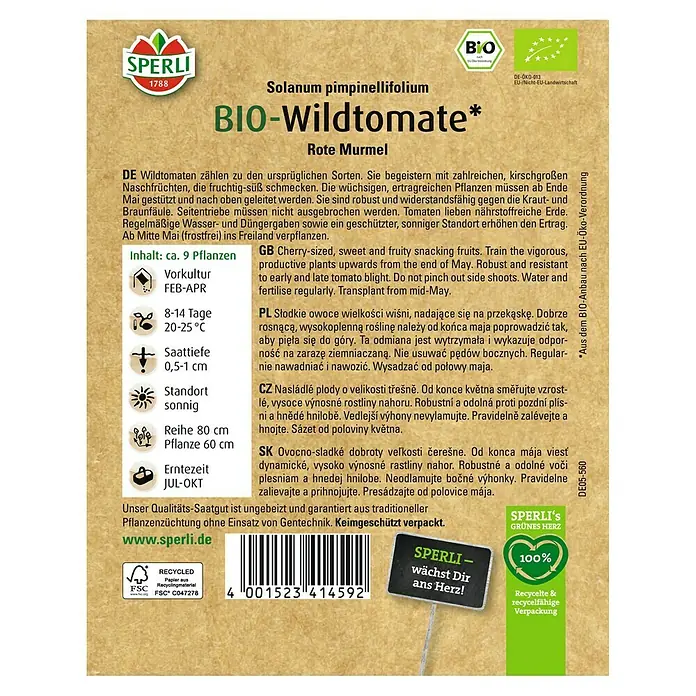 Sperli Gemüsesamen BIO Wildtomaten - Solanum pimpinellifolium, Saatzeit: Februar, Erntezeit: Juli - SPERLI BIO-Wildtomaten-Samenpackung mit Informationen zu Anbau, Erntezeit und Pflege der Sorte "Rote Murmel".