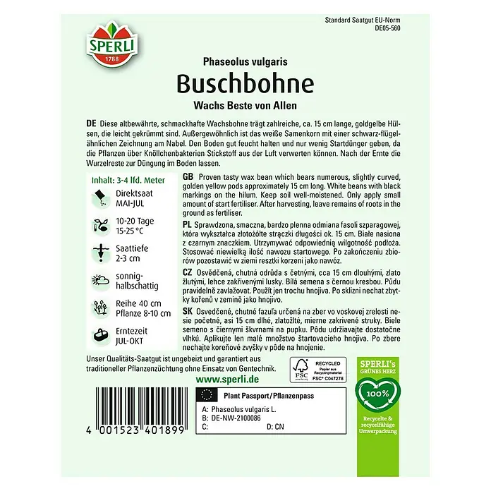 Sperli Gemüsesamen Buschbohnen Wachs Beste von Allen - Phaseolus vulgaris, Saatzeit: Mai, Erntezeit: Juli - Samenpackung Buschbohne 'Wachs Beste von Allen' von Sperli.