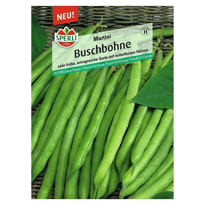 Sperli Gemüsesamen Buschbohnen Martini - Phaseolus vulgaris, Saatzeit: Mai, Erntezeit: Juli - Abbildung der Samenpackung Buschbohne 'Martini' von Sperli, eine frühreife und ertragreiche Sorte mit mittelfeinen Hülsen.