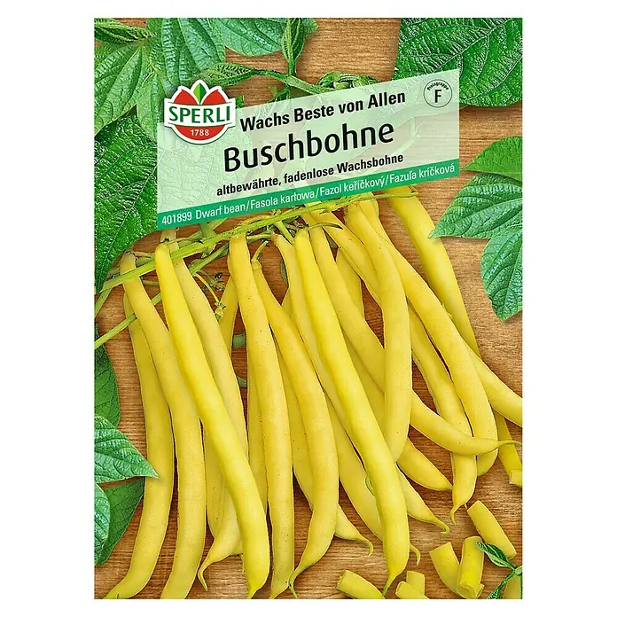 Sperli Gemüsesamen Buschbohnen Wachs Beste von Allen - Phaseolus vulgaris, Saatzeit: Mai, Erntezeit: Juli - Samenpackung 'Wachs Beste von Allen Buschbohne' von Sperli, mit gelben Wachsbohnen auf Holzuntergrund.