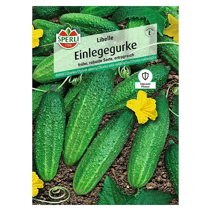 Sperli Gemüsesamen Einlegegurken Libelle - Cucumis sativus, Saatzeit: April, Erntezeit: Juli - Abbildung der 'Libelle Einlegegurke' Samenpackung, eine frühe, robuste und ertragreiche Sorte.