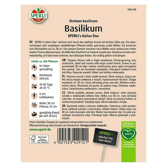 Sperli Gemüsesamen Basilikum - Ocimum basilicum, Saatzeit: Ganzjährig, Erntezeit: Juli - SPERLI Basilikum 'Italian Star' Samenpackung. Für den Anbau von aromatischem Basilikum mit intensivem Geschmack und großen, gekrausten Blättern.