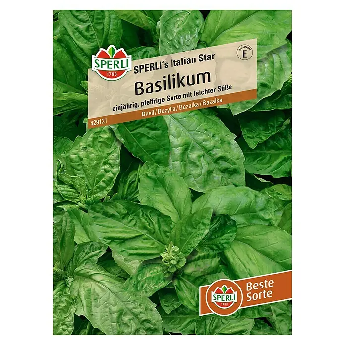 Sperli Gemüsesamen Basilikum - Ocimum basilicum, Saatzeit: Ganzjährig, Erntezeit: Juli - Bild einer Samenpackung "Sperli's Italian Star Basilikum", einjährige, pfeffrige Sorte mit leichter Süße.