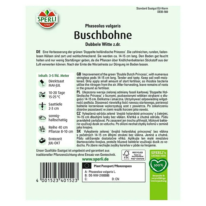 Sperli Gemüsesamen Buschbohnen Dubbele Witte - Phaseolus vulgaris, Saatzeit: Mai, Erntezeit: Juli - Abbildung einer Samenpackung für Buschbohnen der Sorte 'Dubbele Witte z.dr.' von Sperli mit Produktinformationen.