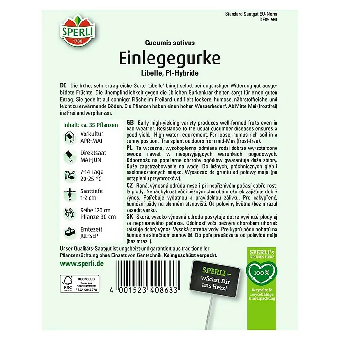 Sperli Gemüsesamen Einlegegurken Libelle - Cucumis sativus, Saatzeit: April, Erntezeit: Juli - Samenpackung Einlegegurke 'Libelle', eine frühreife, ertragreiche Sorte für sonnige Standorte und lockere, humose Böden.