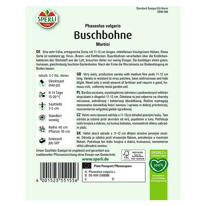 Sperli Gemüsesamen Buschbohnen Martini - Phaseolus vulgaris, Saatzeit: Mai, Erntezeit: Juli - SPERLI Buschbohne 'Martini' Samenpackung. Frühe, ertragreiche Sorte mit resistenten, mittelfeinen Hülsen für den Gartenanbau.