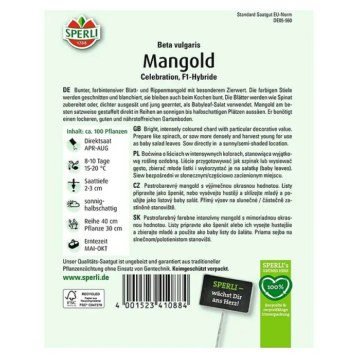 Sperli Gemüsesamen Mangold - Beta vulgaris, Saatzeit: April, Erntezeit: Mai - Saatguttüte Mangold 'Celebration': Bunter, farbintensiver Mangold für Beet und Küche, ideal für Salate und Spinatgerichte.