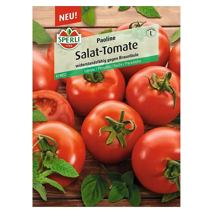 Sperli Gemüsesamen Salattomaten - Solanum lycopersicum, Saatzeit: Februar, Erntezeit: Juli - Abbildung der Samenpackung von Sperli Paoline Salat-Tomate, widerstandsfähig gegen Braunfäule, mit frischen Tomaten und Basilikum.